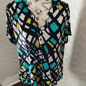 Alfani Black and Teal Geometric Blouse
